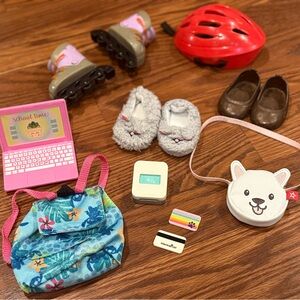 American Girl Doll Accessories Set with Red Helmet and Pink Laptop